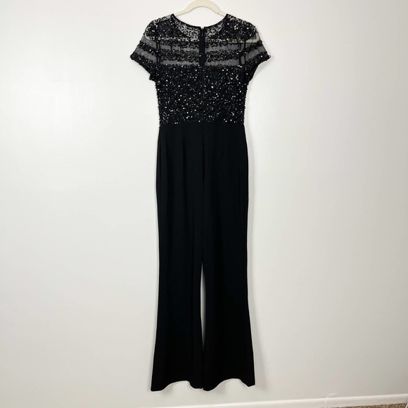 NWT Adrianna Papell Black Short Sleeve Illusion Sequin Bodice Jumpsuit Size 4 - Picture 7 of 12